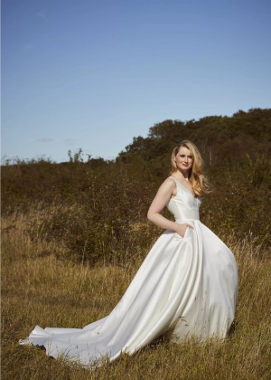 Plunging V Neck Ivory Satin Simple Wedding Dress
